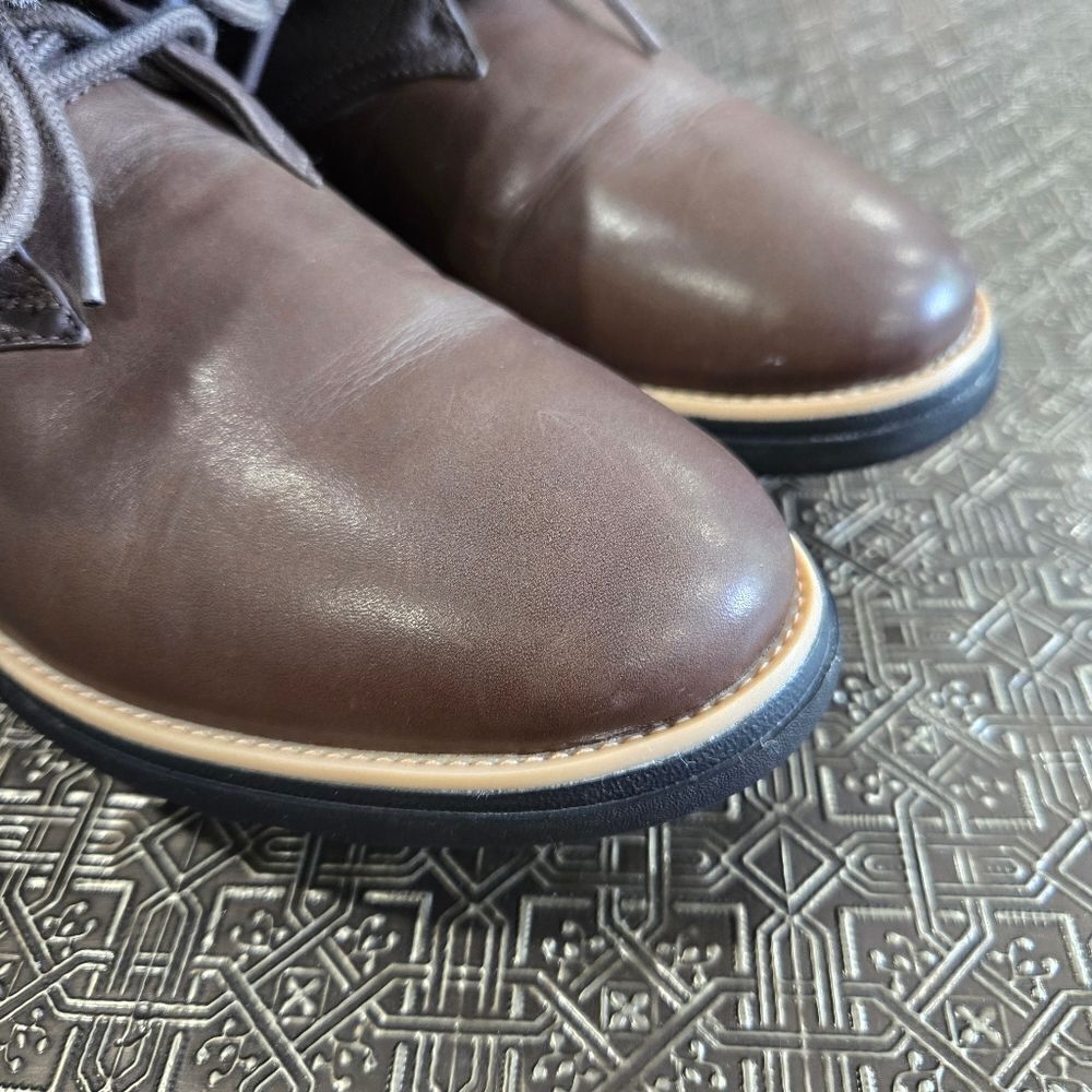 🐢 Clarks Shannon Pearl Taupe Leather Lace Up Bootie Boot with Faux Fur Size 11 - Picture 5 of 12